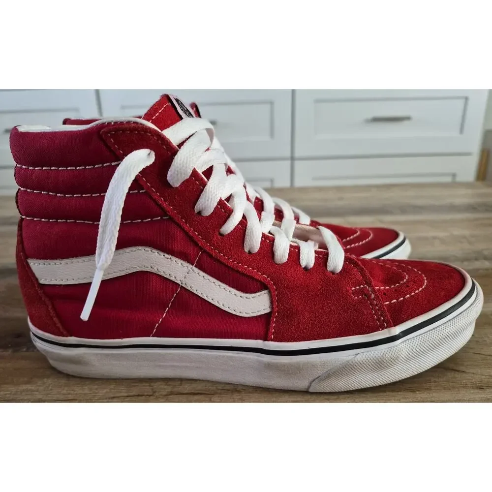 Vans Sk8- Hi Red/ True White Canvas Suede Skate Shoes Sneakers Size 7.5 Women's